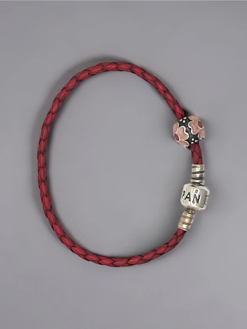 Pandora Moments Dark Pink Burgundy Braided Leather Bracelet w/Flower Bead